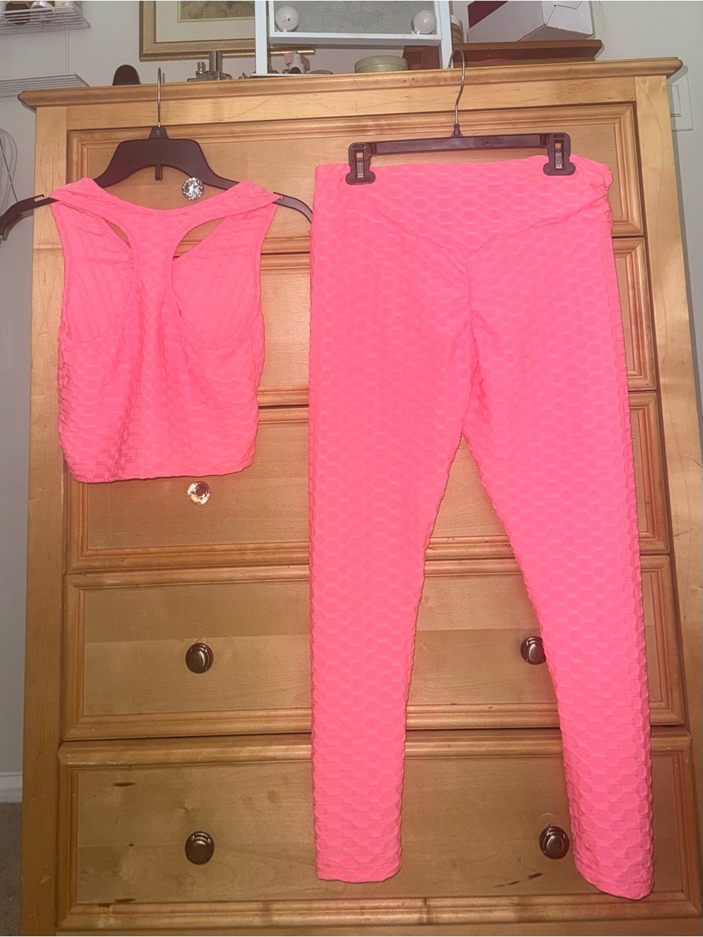 Hot Kiss Neon Pink Textured Leggings and Racerback Crop Top Set
